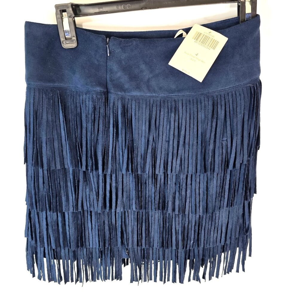 NWT Boston Proper Navy Suede Tiered Fringe 17" Skirt Size 4 Retail $119
